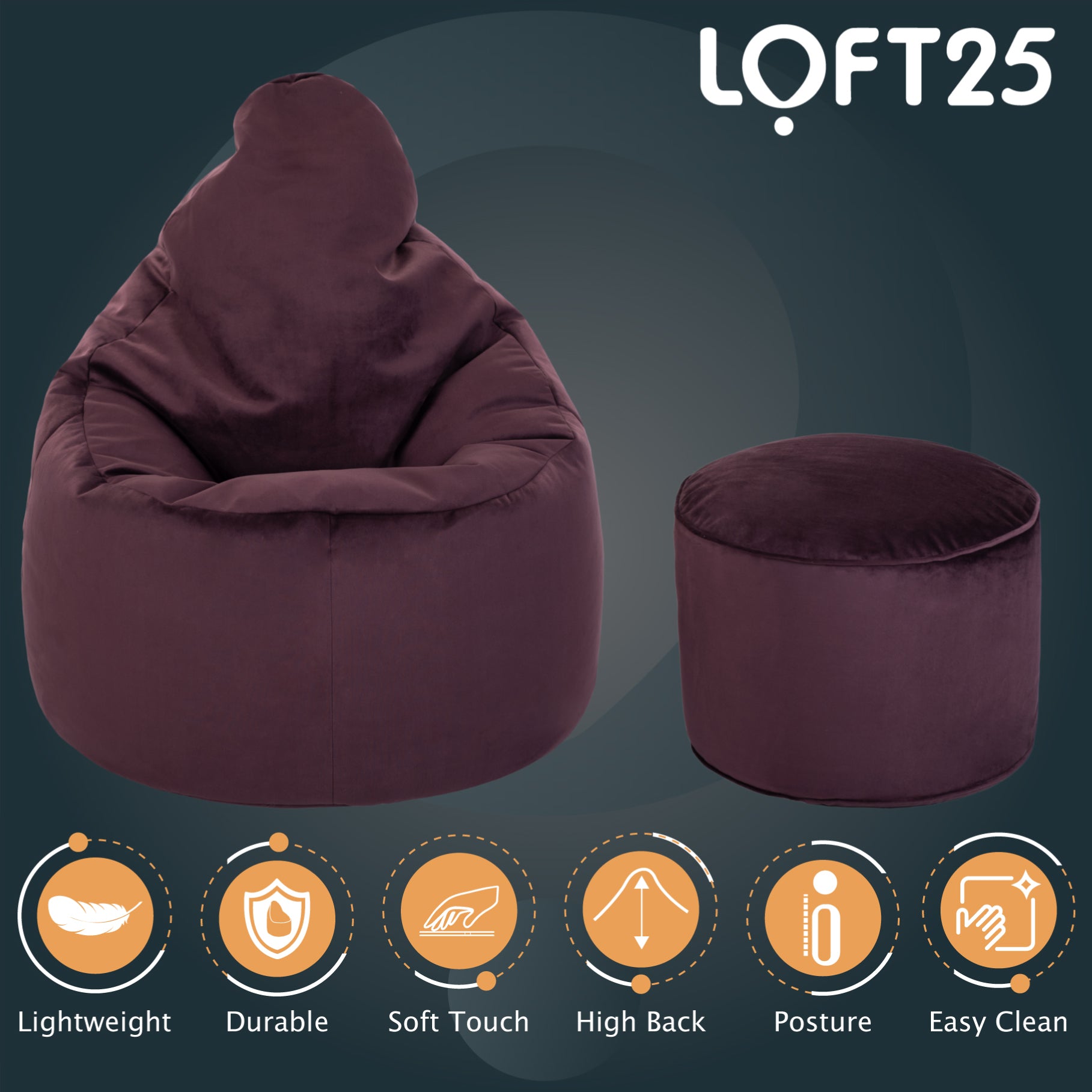 Loft 25 Capriccio Velvet Bean Bag Chair With Footstool