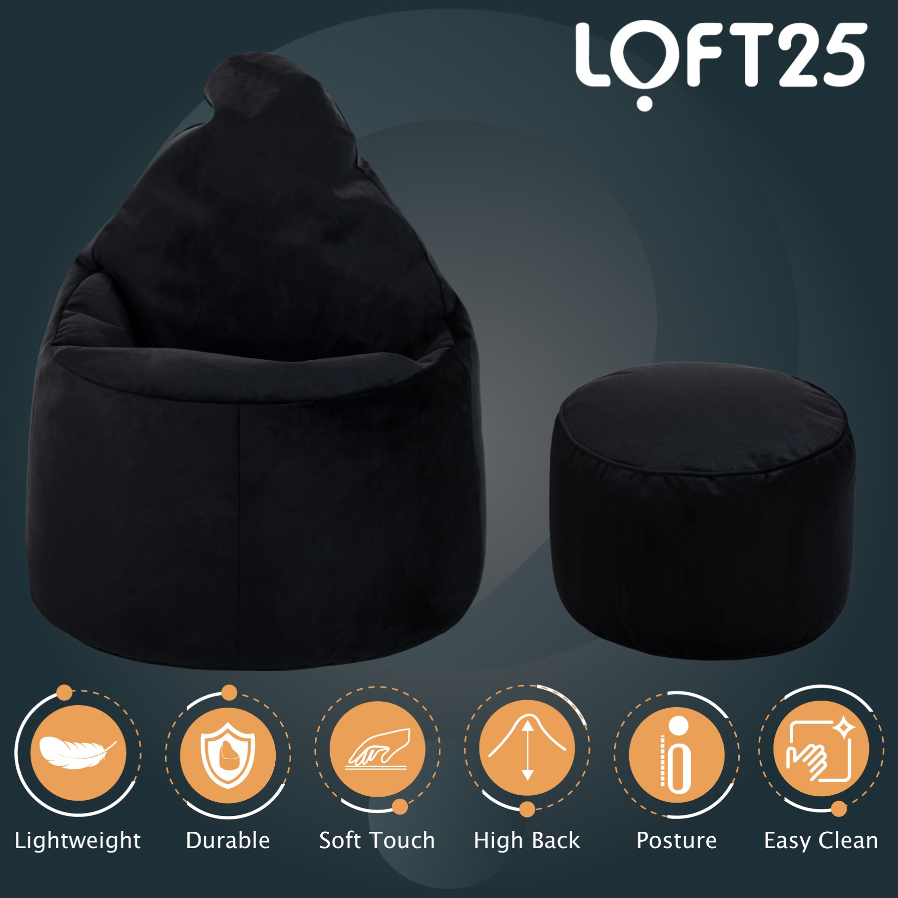 Loft 25 Capriccio Velvet Bean Bag Chair With Footstool