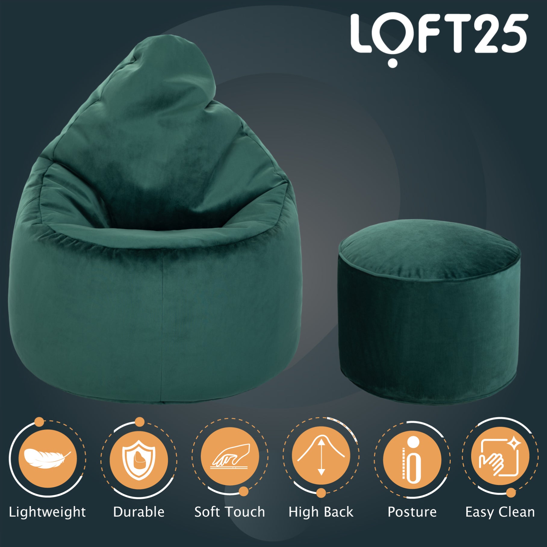 Loft 25 Capriccio Velvet Bean Bag Chair With Footstool