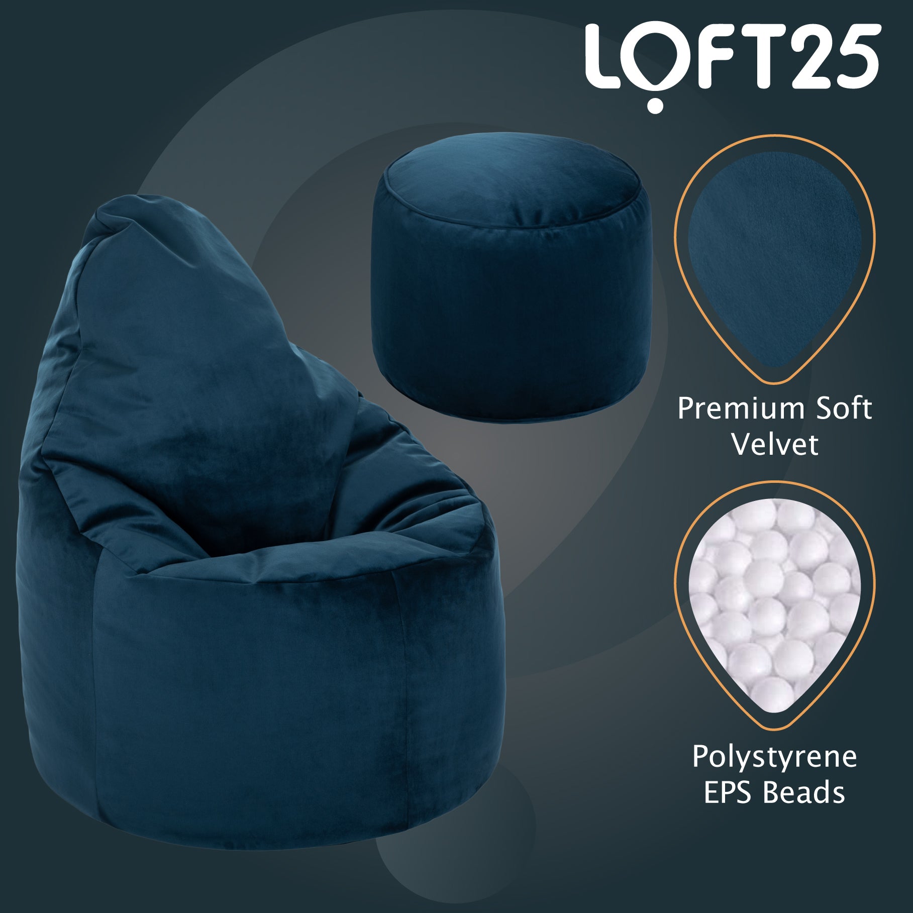 Loft 25 Capriccio Velvet Bean Bag Chair With Footstool