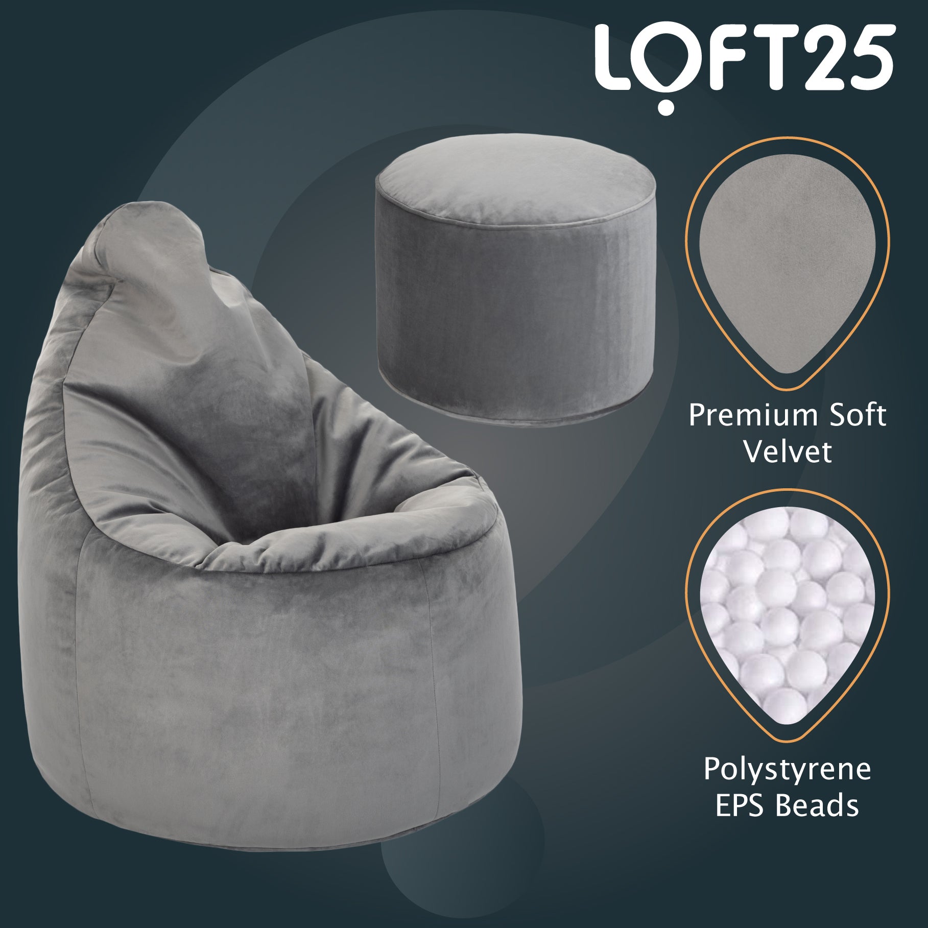 Loft 25 Capriccio Velvet Bean Bag Chair With Footstool