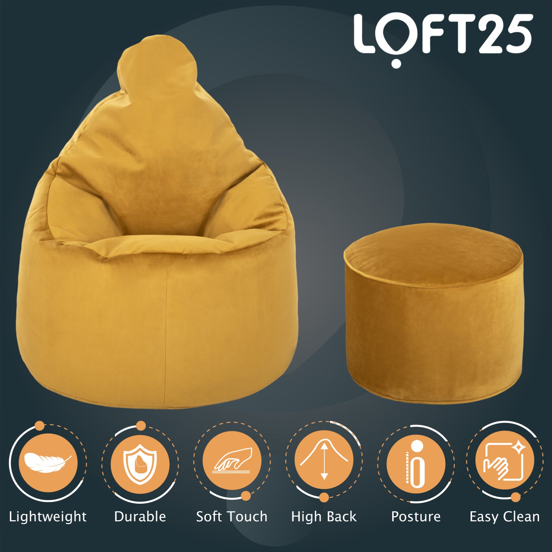 Loft 25 Capriccio Velvet Bean Bag Chair With Footstool